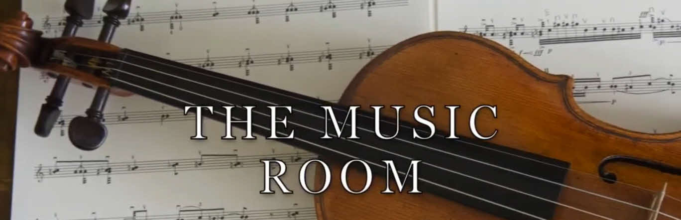 a cropped image of a violin lying on sheet music with words The Music Room overlayed