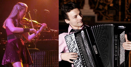 A composite showing a standing Lizzie Ball playing her violin and a seated Miloš Milivojević playing his accordion